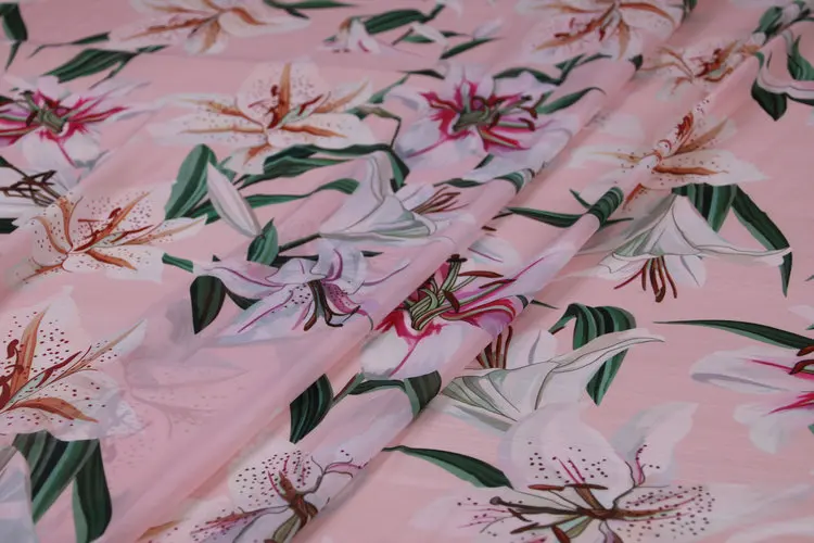 145 см ширина лилии печати мягкий тонкий розовый полиэстер шифон ткань для женщин летние платья юбки блузка DIY-BF058