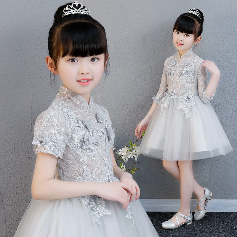 

Knee-Length Princess Dress Turtleneck Flower Girls Dresses Lace Ball Gown Appliques Kids Girls Evening Gowns for First Communion