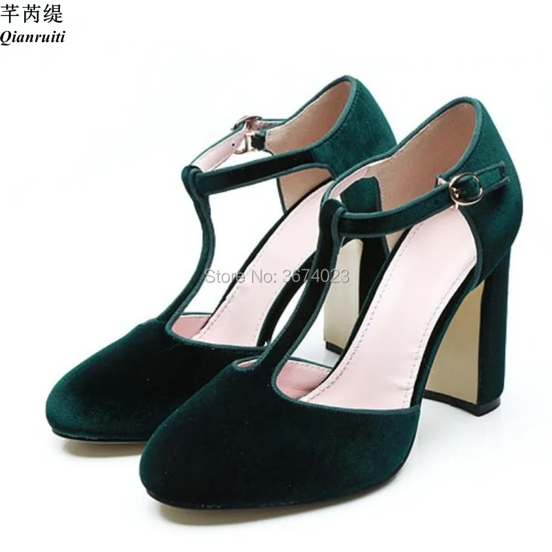 green velvet block heels