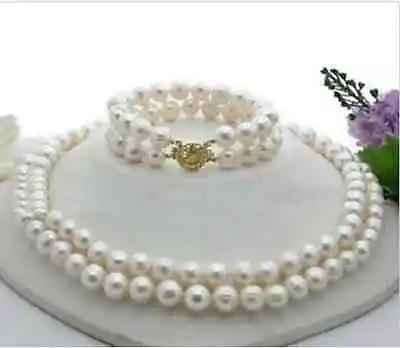

Free shipping hot sale Women Bridal Wedding Jewelry >> 2rows 9-10mm natural south sea white pearl necklace 18" bracelet 7.5"-8