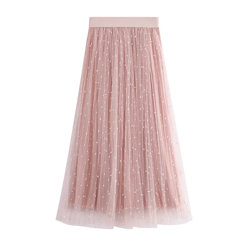

2019 spring and summer new beaded mesh in the long paragraph pleated skirt polka dot tutu