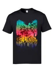 Парк футболки Высокое качество круглый вырез горловины хлопковые футболки для мужчин Neon геометрический принт с солнцем и пляжем дерево