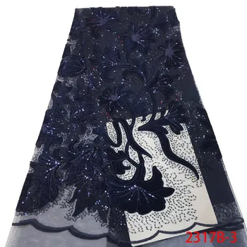 

2018 Free Shipping Shining Sequins African Tulle Lace Embroidered Velvet Lace Fabrics Navy Blue For Party Evening Dress L2317A-3