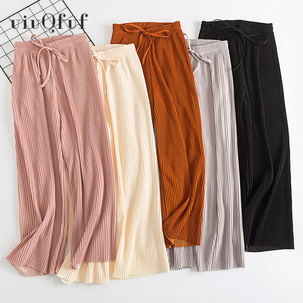 

Summer Thin Chiffon Wide Leg Pants Gentle Wide Trousers Loose Woman Pants 2019 Elastic Waist Casual Pleated Pantalones Mujer