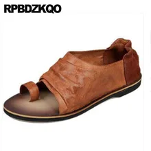 Черный Дизайнерская обувь мужчины высокого качества плоские петля для носка открытый носок Настоящая кожа сандалии коричневый надевать Runway повседневная лето Японский