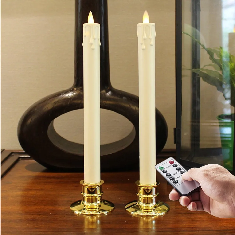 10 Key Remote Control Flameless LED Taper Candles With TIMER and Gold