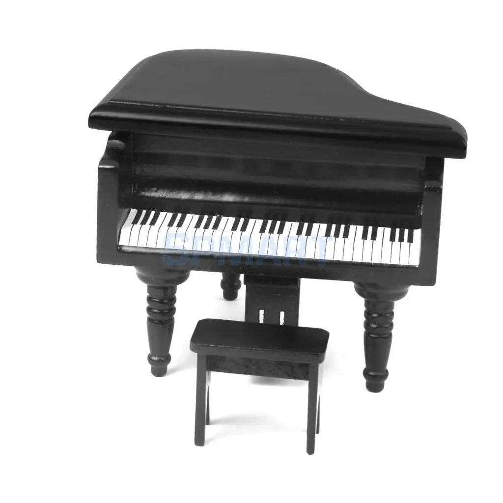 MagiDeal 1/12 Scale Dollhouse Miniature Wooden Piano with Stool Black for Dollhouse Decor Kids Toy