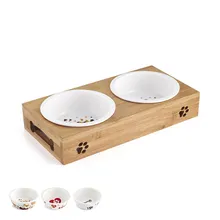 

2017 Fashion Dog Pet Cats Water Bowls Cartoon Ceramics Bowls For Dogs Travel Food Water Feeder with Bamboo frame free shipping