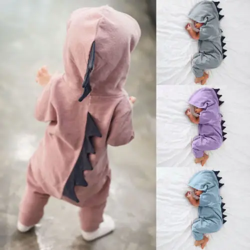 Симпатичные динозавров костюм для новорожденных мальчиков и девочек Изделие из хлопка с короткими рукавами с капюшоном комбинезон джемпер наряды Комбинезон