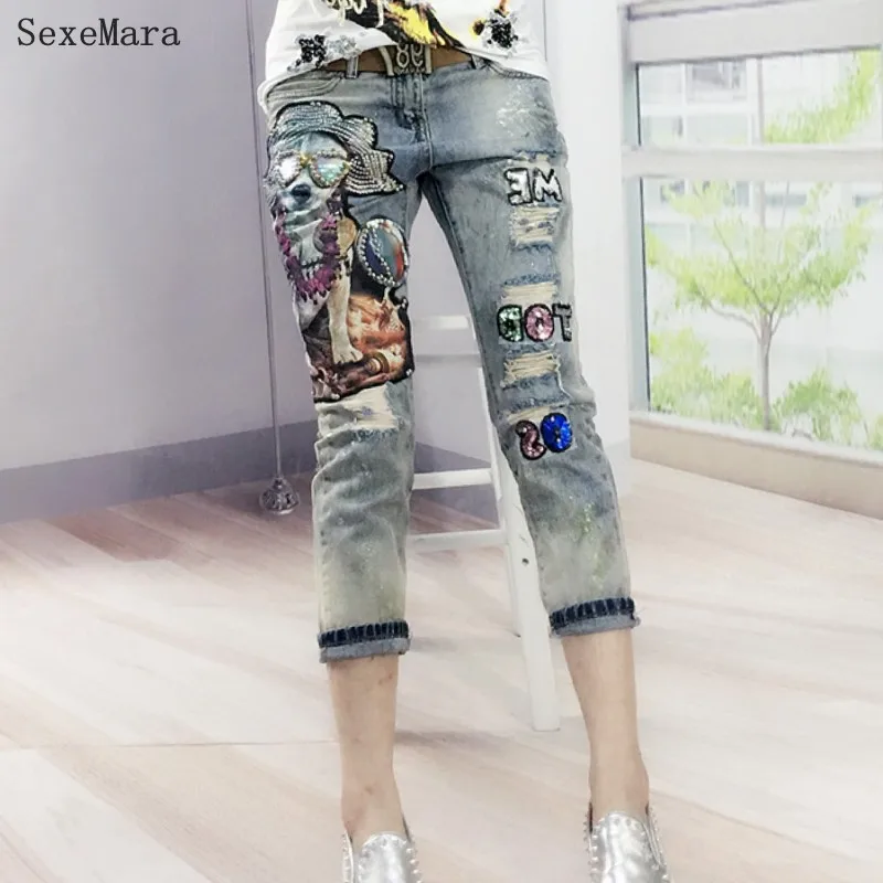 

New Fashion Hot Bronzing Dog Embroidered Flares Boyfriend Women Hole Jeans Female Denim Pencil Pants Vintage Beading Trousers
