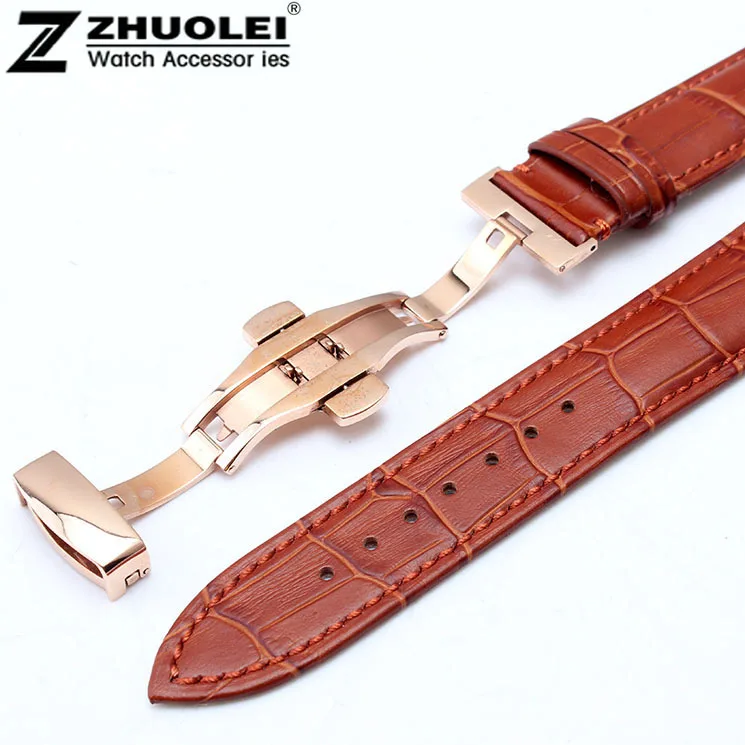 

18mm 20mm 22mm Light Brown Genuine Alligator Leather Pattern Watch Strap Band With Rose Gold Stainless Steel Buckle Clasps