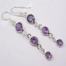 . SOLID Silver Genuine AMETHYST PÚRPURA Nuevos Pendientes LARGOS de 5.5 CM DE ALAMBRE FRANCÉS