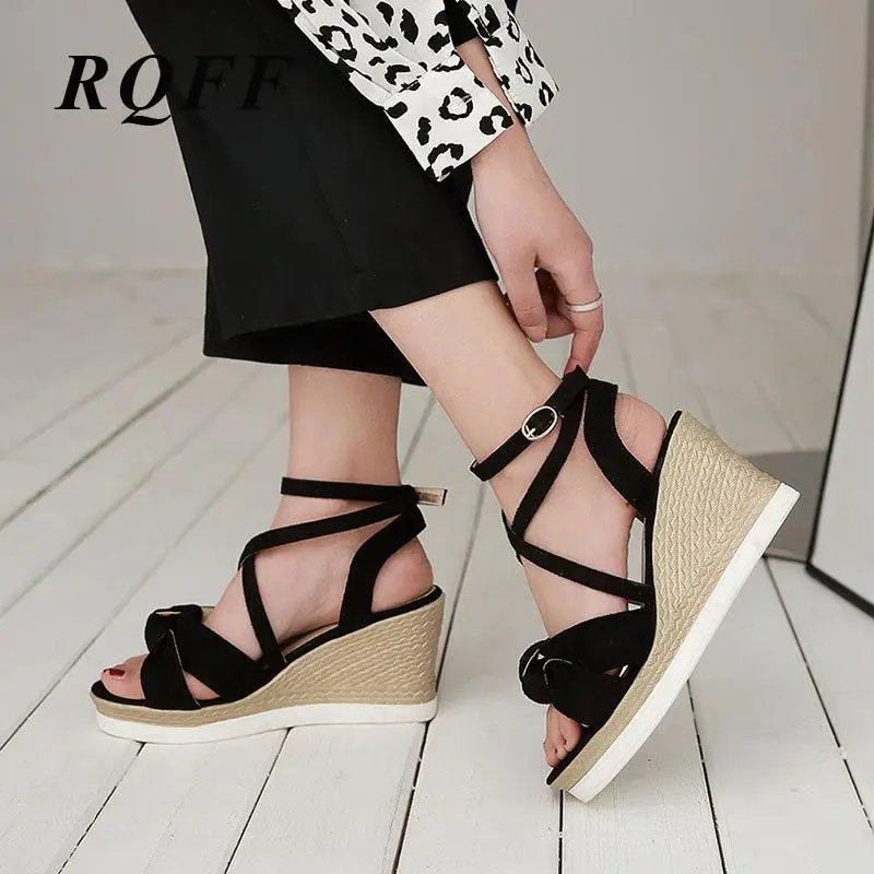 

Women High Heels Wedge Sandals Handmade Platforms Flock Basic Dress Cross-tied Ankle Strap Fashion Summer Shoes Woman Big Size
