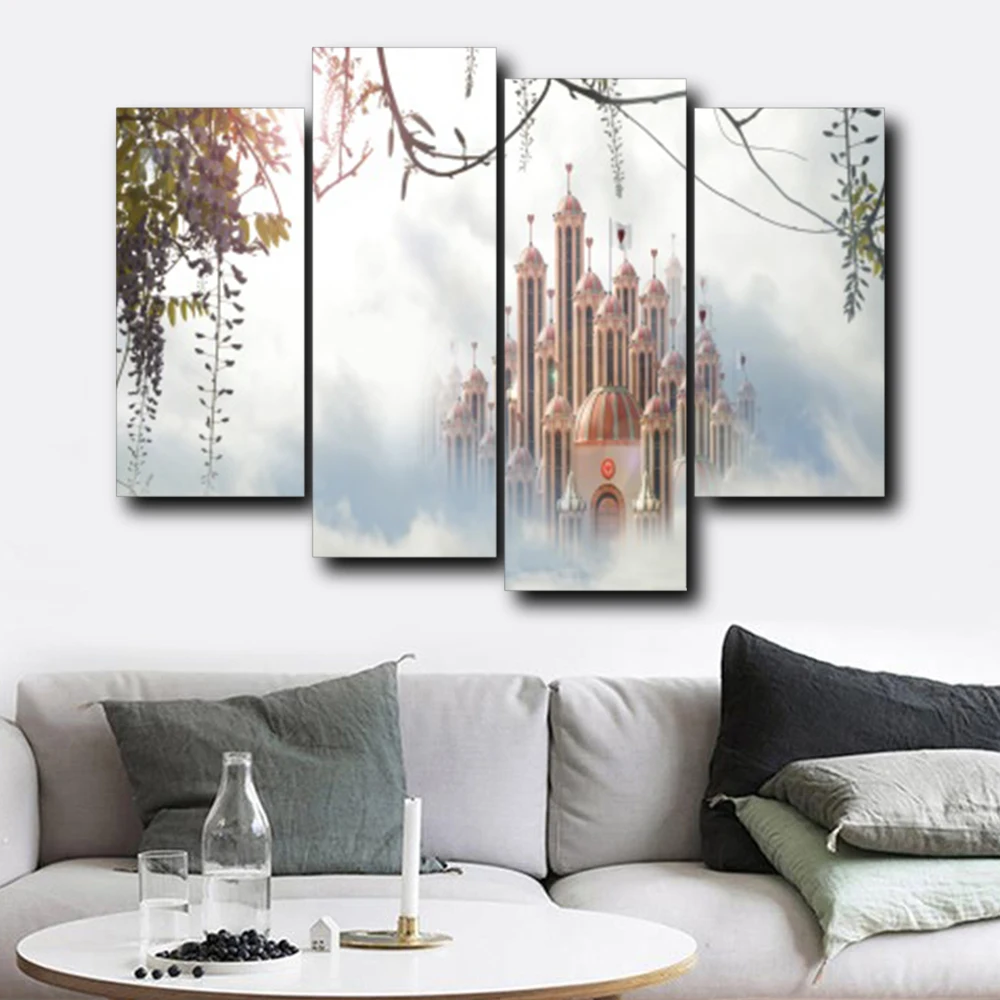 

Laeacco 4 Panel Dreamy Castle Posters and Prints Outside Wall Artwork Living Room Nordic Home Decoration Vintage Canvas Painting