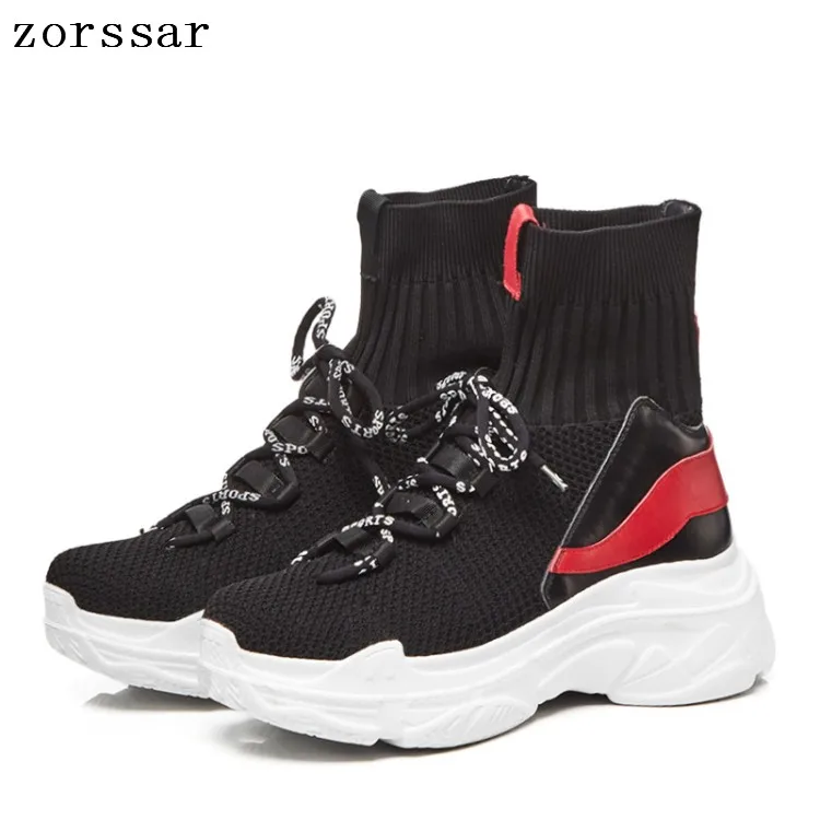 

{Zorssar} Women Socks Boots 2019 New Stretch Fabric Shoes Lace up flat short Boots Women sneakers Casual Platform Shoes