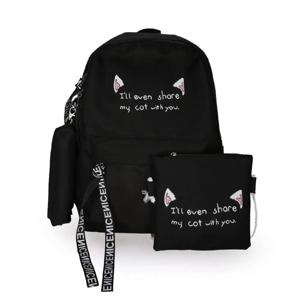 

3Pcs/Set Lovely Cat Ear Printed Canvas Woman Backpack Pen Case Shoulder Bag bags for women back pack anti theft backpack