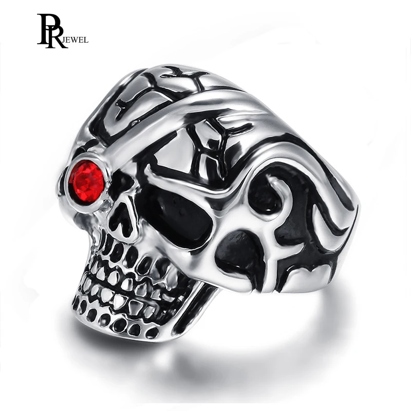 

Stainless Steel Rings for Mens Biker Ring Skull Head Single Eyes Red CZ Crystal Rings Size 8-12
