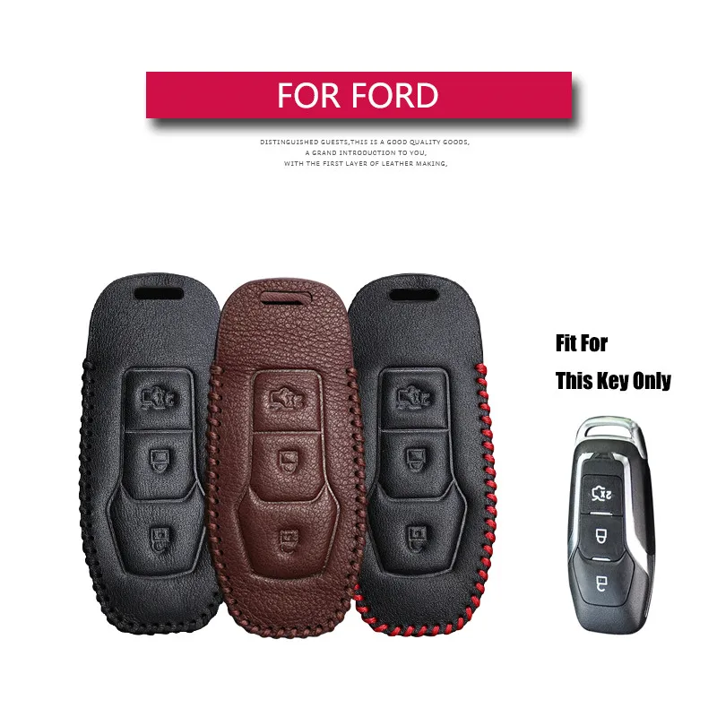 

Leather Car Key Fob Cover Case For Ford Edge Mondeo Mustang 3 Buttons Smart Remote Automobile Protective Car Key Skin Shell