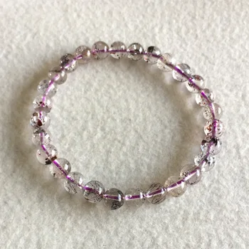 

Natural Genuine Purple Hair Crystal Clear Black Super 7 Seven Bracelet Round Melody Stone 6.5mm