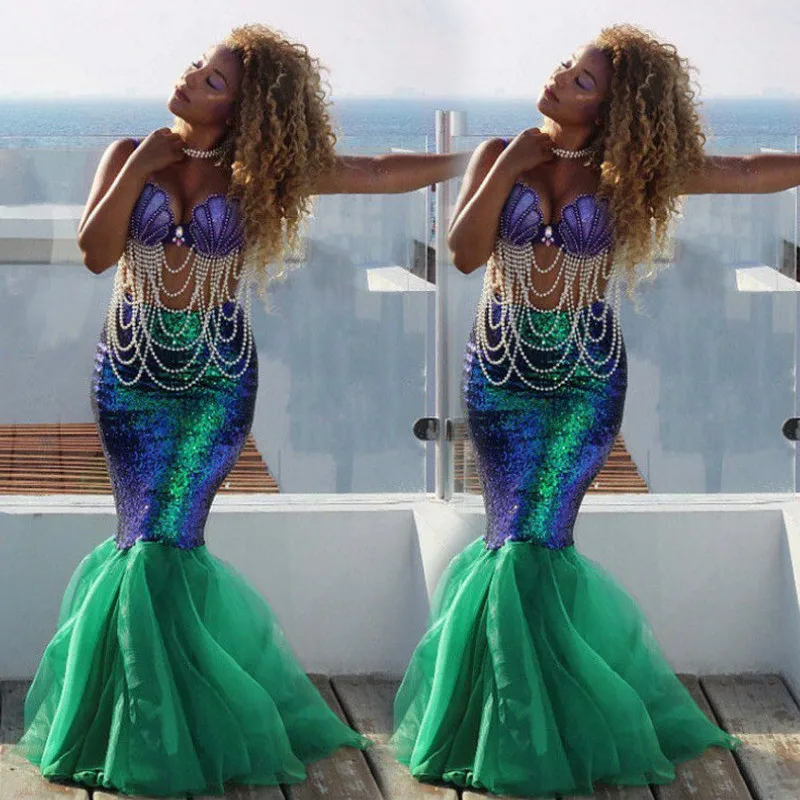 Women/'s Sequin Green Blue Mermaid Halloween Cosplay Costume Skirt Party