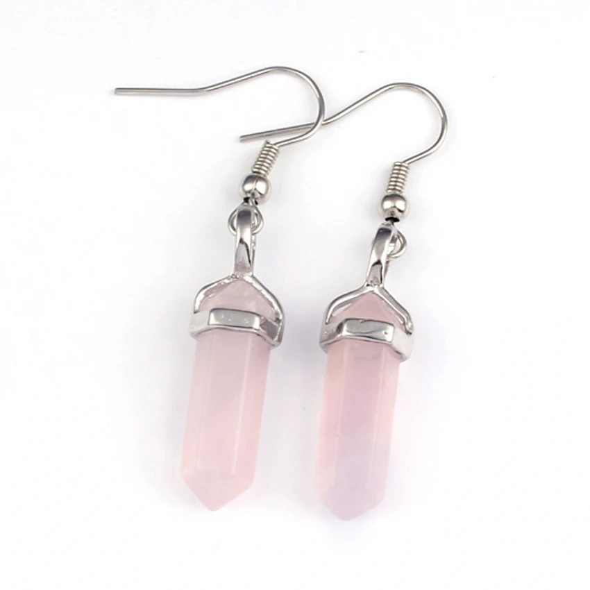 

Kraft-beads Silver Plated Natural Rose Pink Quartz Hexagon Column Dangle Earrings For Women Mother Day's Gift Jewelry