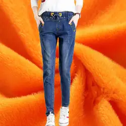 Осень-зима Высокая талия джинсы Для женщин бархат Панталон теплые джинсы штаны-шаровары Повседневное толще на шнуровке джинсы Femme Q1019