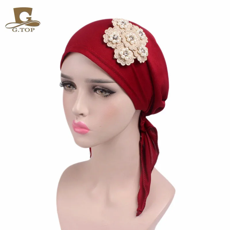 New beaded flower stretchy Pre Tied head Scarf Head wrap scarves Cancer