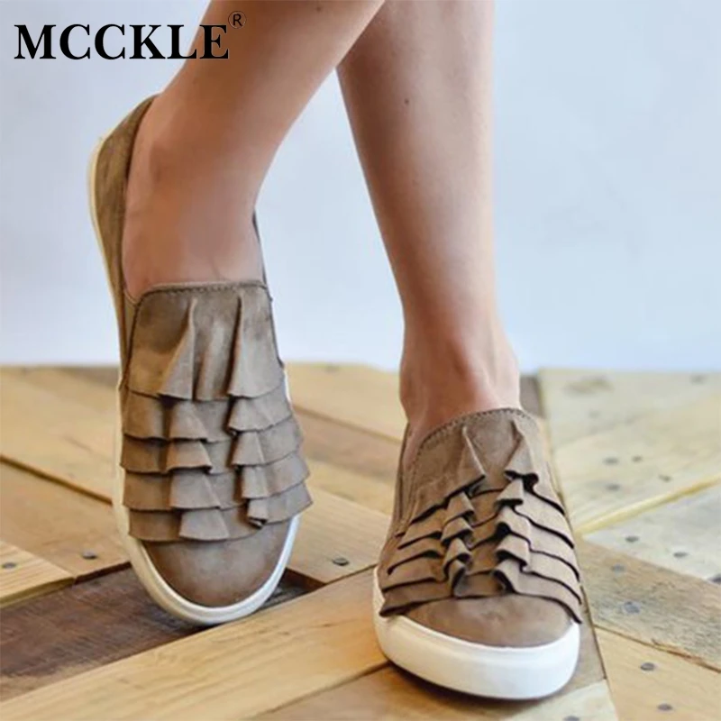 

MCCKLE Plus Size Women Sneakers Platform Ruffle Flats Casual Female Vulcanized Shoes Elastic Band Slip On Flock Ladies Footwear