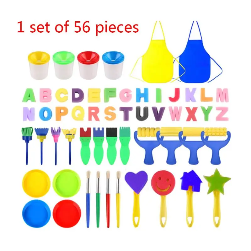 

56 Pcs Kids Paint Drawing Kits DIY Graffiti Sponge Brushes Cartoon Stamps Seals Art Supplies Painting Tool Educational Toy