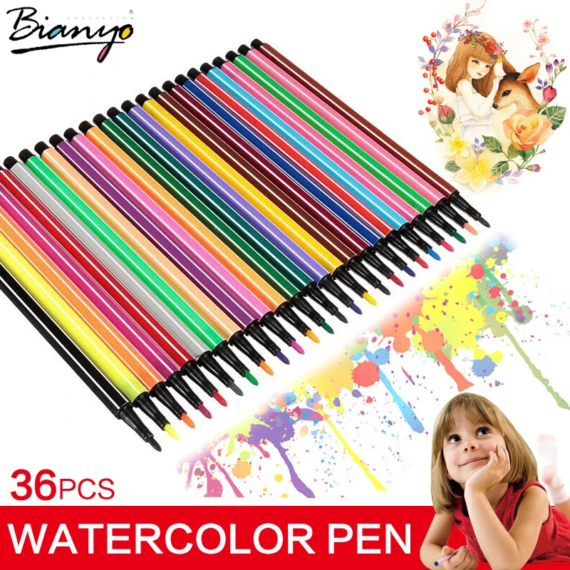 

Bianyo 36Colors Watercolor Pen Highlighter Washable Brush Set Markers Kids Gift Sketch Drawing Marker Stationery School Supplies