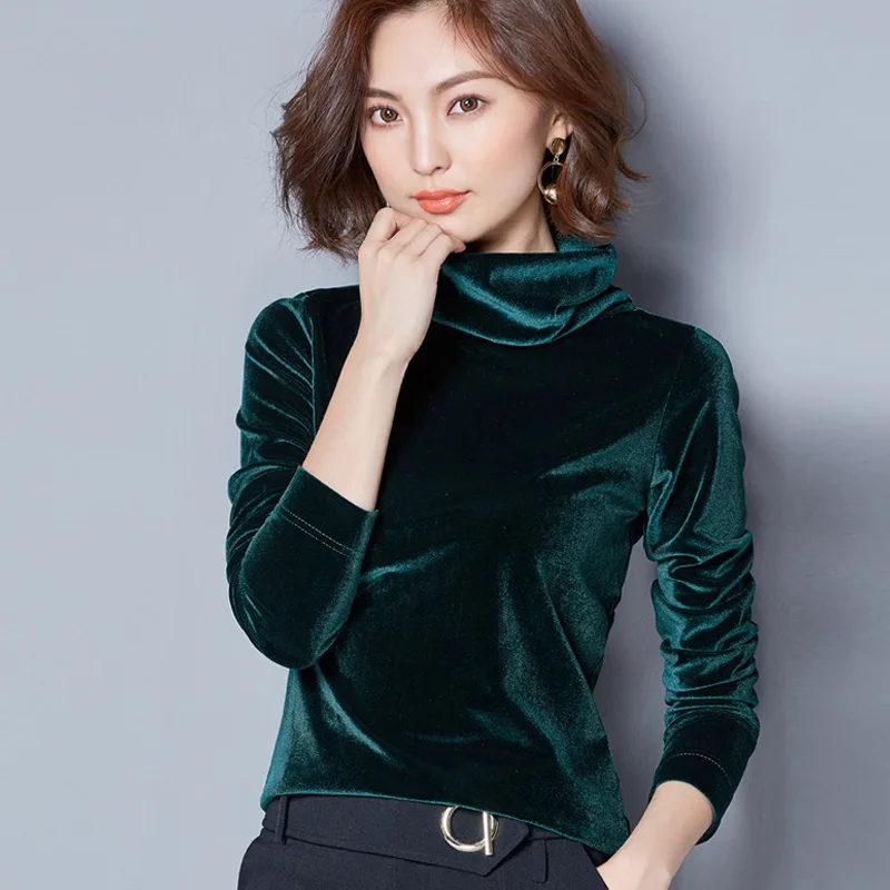 Turtleneck Velvet Tops Women Long Sleeve T Shirts Solid Color 2018 ...