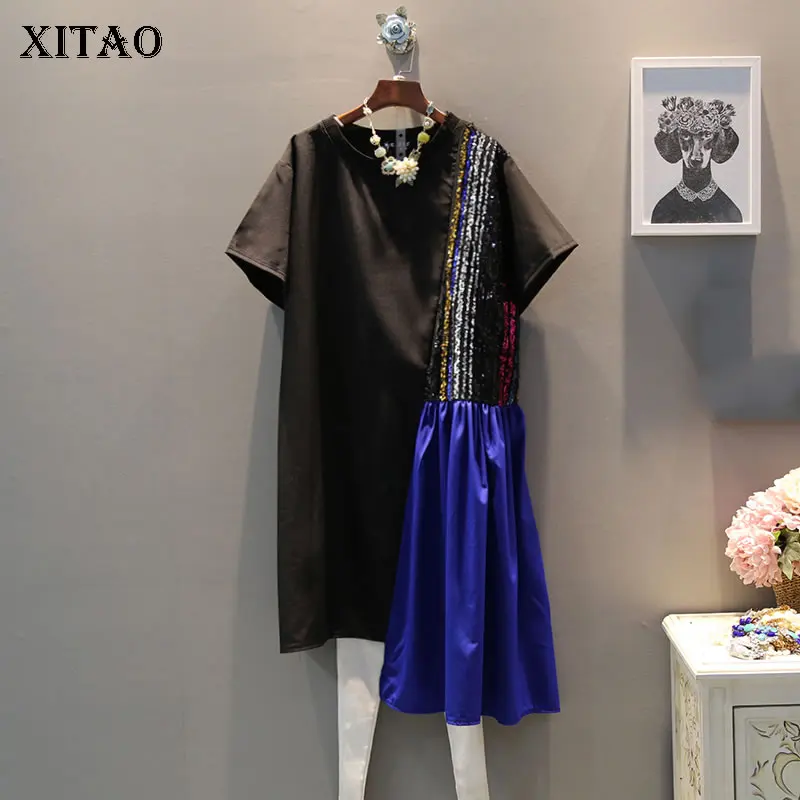 

[XITAO] New Women Korea Fashion Loose O-neck Short Sleeve Patchwork Dress Female Sequined Knee-length Casual Dress ZLL3158