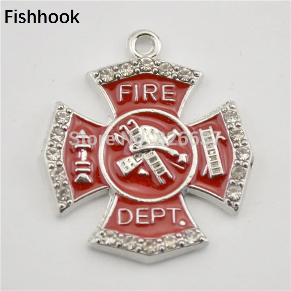 

Fishhook 10pcs/lot Zinc Alloy Rhodium Plated Single Side Fire Dept Badge Red Enamel Crystals Pendant for Jewelry Making