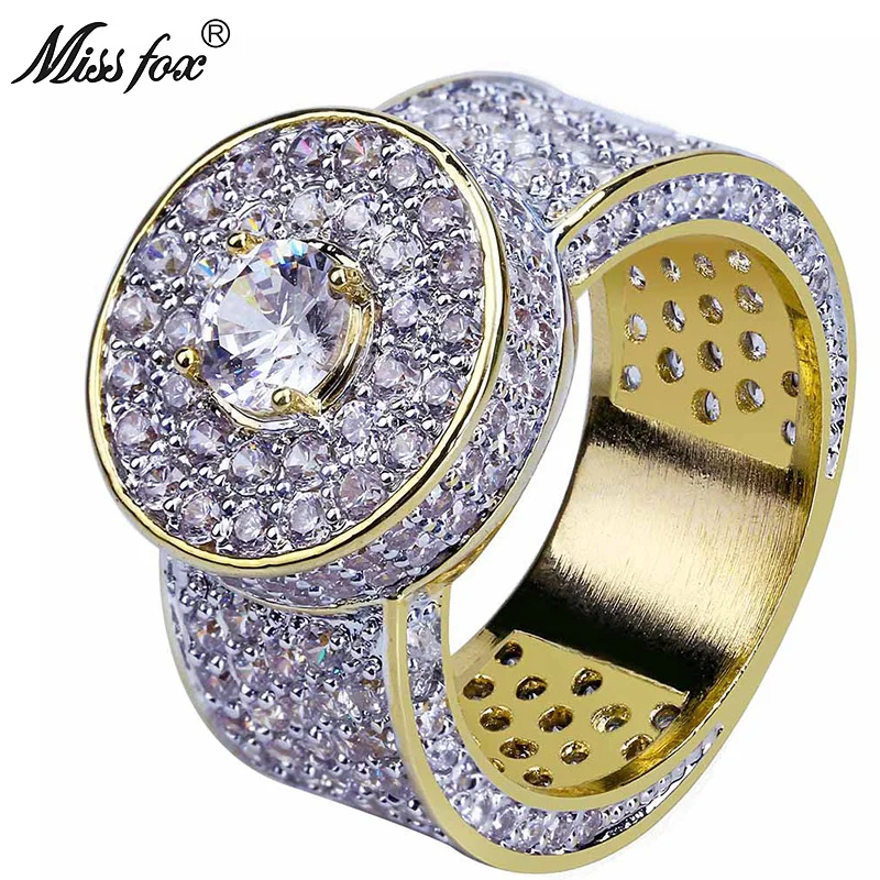 MISSFOX хип хоп классические 18k золотые кольца мужские сверкающие большие
