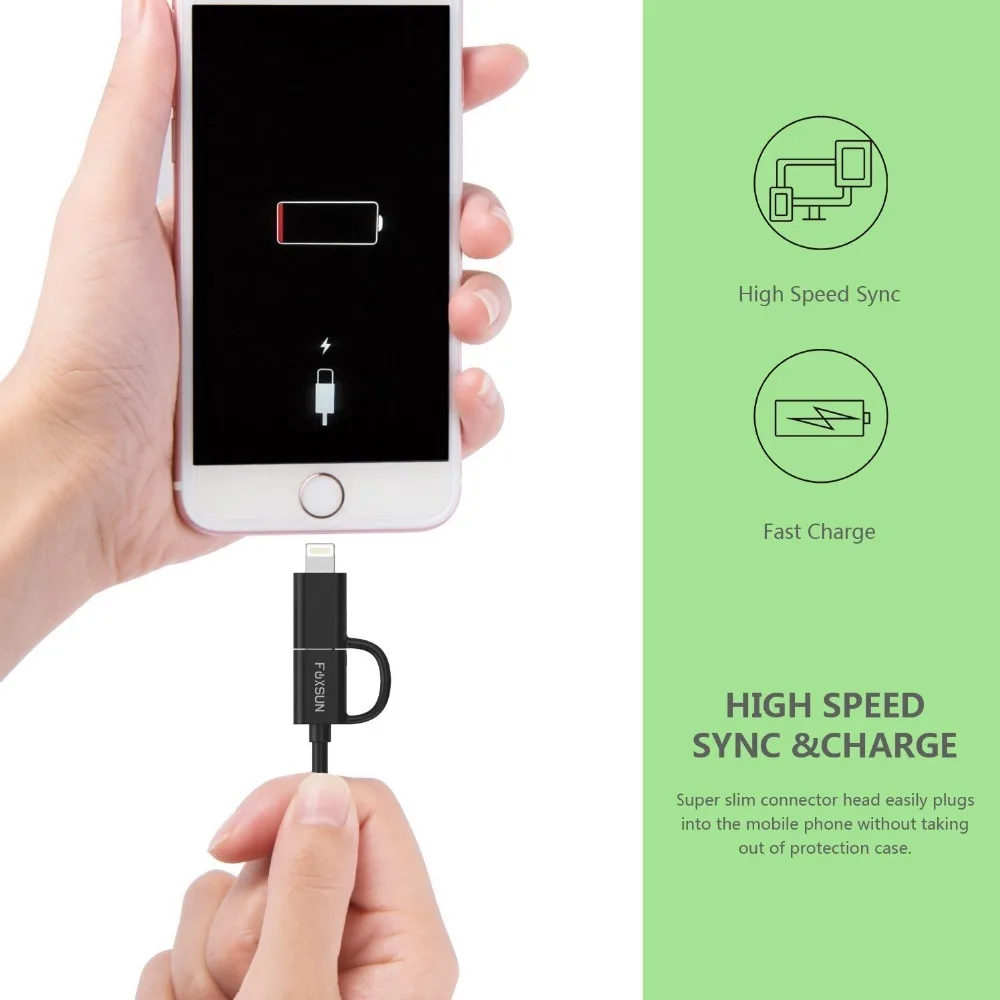 2-في-1 ل البرق و مايكرو USB إلى USB مزامنة البيانات تهمة كابل ، ل فون X/8/8 زائد/7/7 زائد ، باد ، سامسونج ، نيكزس ، LG ، HTC