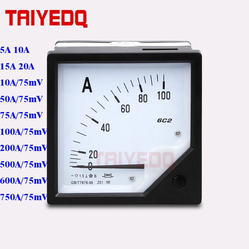Medidor de Painel Metro Analógico Atual Amperímetro Amp Ampere Medidor Amperemeter 6c2-a 30a 50a 75a 100a 200a 500a 750a 75mv dc 6c2
