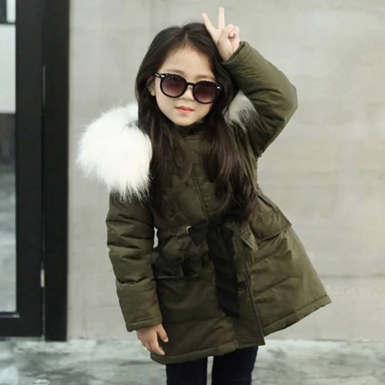 Новое зимнее пальто для девочек, армейский зеленый цвет, плотная зимняя куртка с меховым воротником, Doudoune Fille, пальто для девочек, 6WJT015