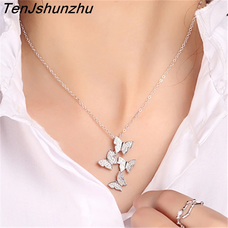 925 sterling silver long zircon butterfly necklaces pendant fashion