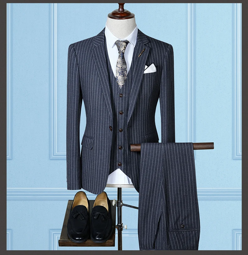 

2018 Men Suit 3 Pieces Single Breasted Suits Striped Tuxedo Wedding Suits for Men Slim Fit tuxedos (Jacket+Vest+Pants)
