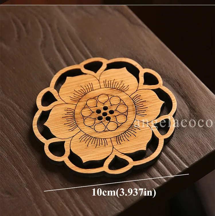 6 Pcs Round Bamboo Coffee Coaster Set Anti-slip Mat Table Decoration Accessories Flowers Cup Pad Hollow Carving Handmade Wooden