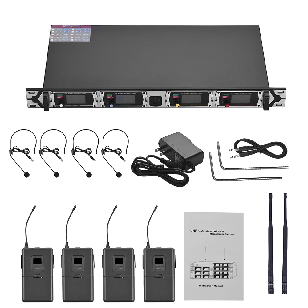 

Muslady D4-2 4-Channel UHF Wireless Microphone System with 4 Headset Mic with Bodypack Transmitters + 1 Rack-Mount Receiver