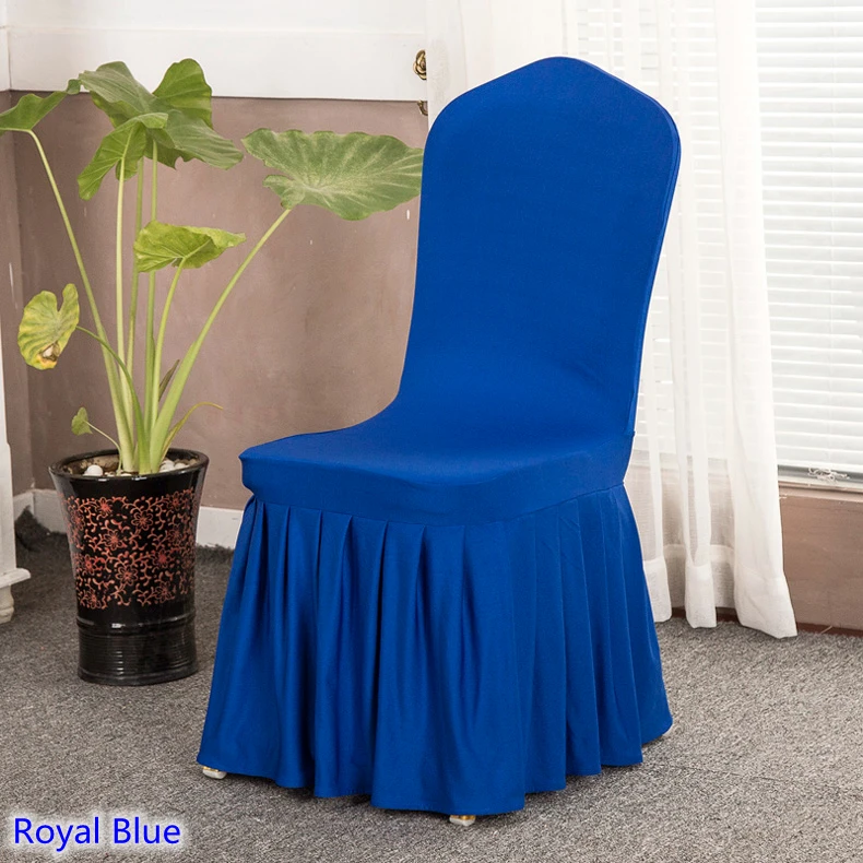 Royal blue colou lycra chair cover with skirt all around the chair