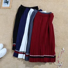 Новая весенне-осенняя Женская длинная юбка-свитер Студенческая трапециевидная полосатая плиссированная юбка Женская эластичная трикотажная юбка с высокой талией AB1244