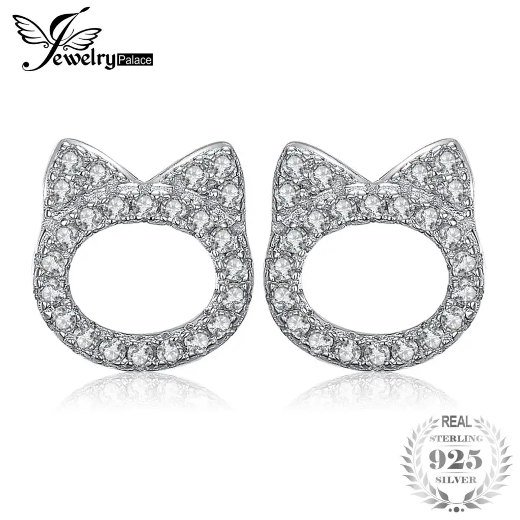JewelryPalace Cat Face Pet Love 0.2ct Cubic Zirconia Stud Earrings 925 Sterling Silver Wedding for Women Best Girl Gift | Украшения и