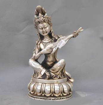 

Christmas 9" old Tibet silver buddhism lute Pipa Tara Kwan-yin Guan Yin goddess statue Halloween