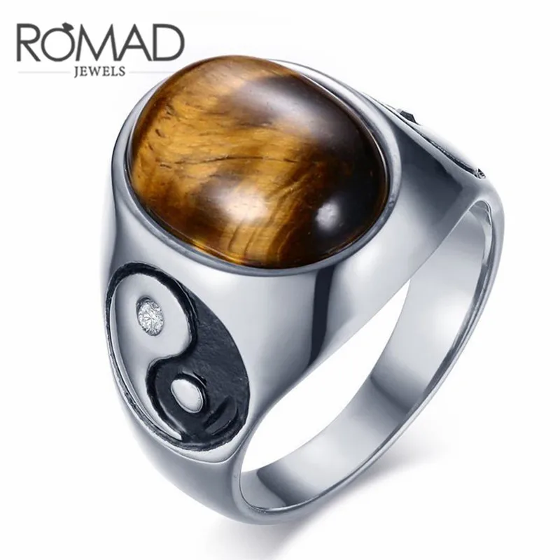 

GS Vintage Stainless Steel Ring Men Boy Tiger Eye Brown Stones With Yin Yang Symbol Rings Men'S Cocktail Jewelry Accessories R5G