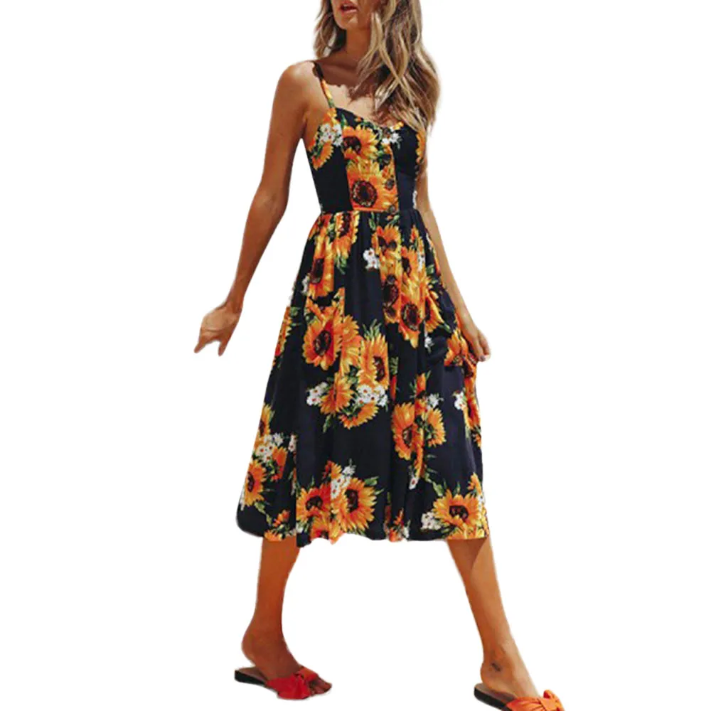 

2019 Hot Women Sexy Printing Buttons Off Shoulder Sleeveless Dress Summer Holiday Beach Party Princess Dress Vestido de dama Wd4