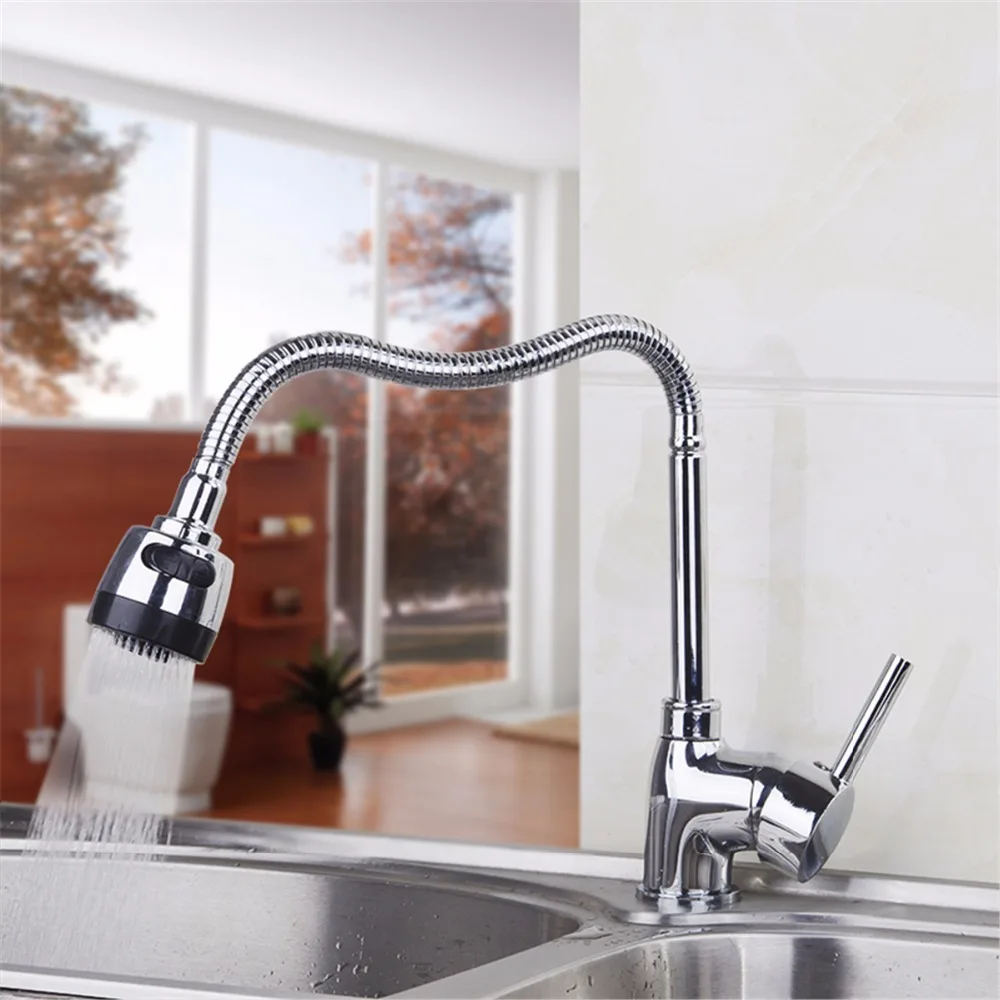 Centerset Contemporary Two Spouts Kitchen Faucet Deck Mounted Pull Out Sink Mixer Tap Chrome