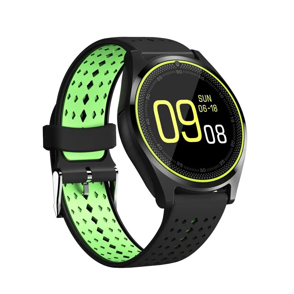 Bluetooth Smart Watch V9 with Camera Smartwatch Pedometer Health Sport Clock Hours Men Women Smartwatch For Android IOS Phone - Цвет: Black with Green