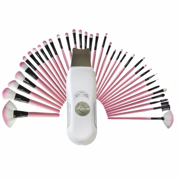 

Ultrasonic Facial Massage Cleaner Beauty Face Skin Smooth Nature Skin Remove Keratin Dirt Acne+32 Pink Comestic Wood Brushes Set